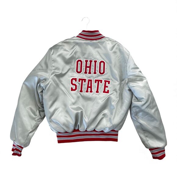 Vintage Ohio State Buckeyes Satin Holloway Snap Jacket Silver Red Mens Large - Picture 2 of 12